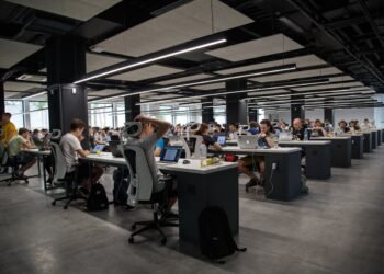 Modern corporate office with data dashboards