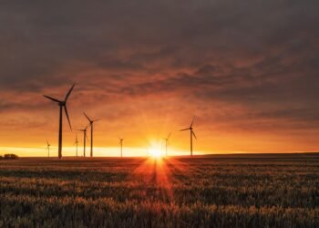 Wind turbines on a hillside at dusk