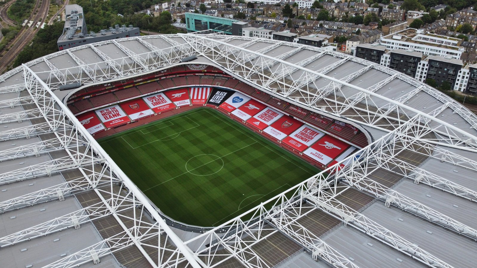 Aerial view of Emirates Stadium in London showing the scale of modern professional sports venues