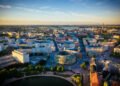 Aerial view of Hakaniemi district in downtown Helsinki by sunset in summer