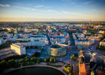 Aerial view of Hakaniemi district in downtown Helsinki by sunset in summer