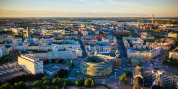 Aerial view of Hakaniemi district in downtown Helsinki by sunset in summer