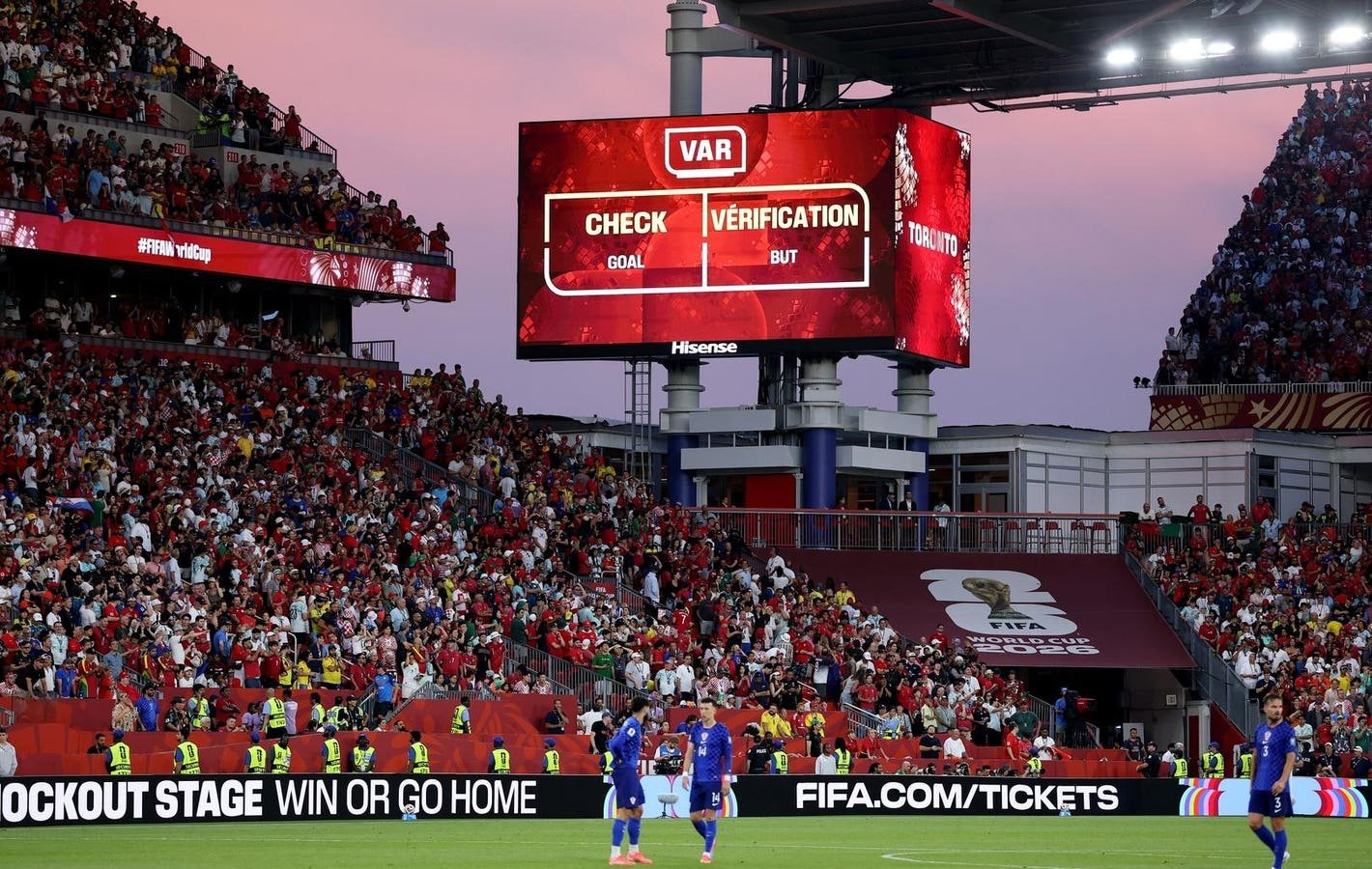 VAR 2.0 semi-automated offside technology 3D replay display at the 2026 FIFA World Cup showing player skeleton tracking overlays on a stadium big screen