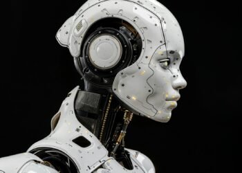 A white humanoid robot standing against a black background