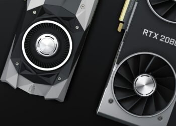 Close-up of an Nvidia graphics card cooling fans