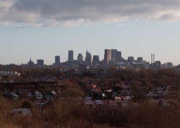 Aerial view of The Hague skyline at dusk