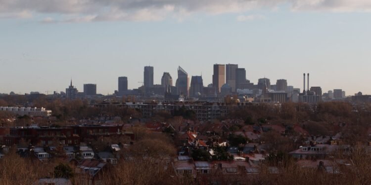 Aerial view of The Hague skyline at dusk