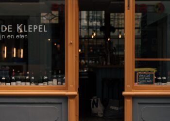 Window of a wine bar in Amsterdam at night