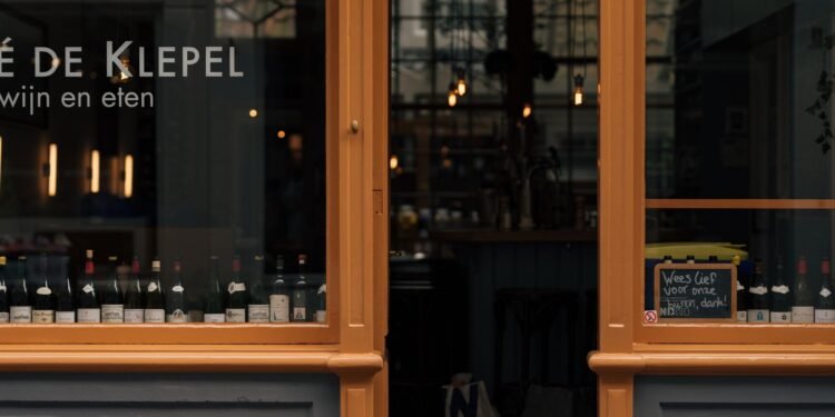 Window of a wine bar in Amsterdam at night