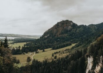 A forested mountain rises over green meadows and a winding path under grey cloud, with a lake and farmland in the distance.