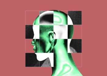 Stylized illustration of a human head with a digital grid, representing AI deepfakes