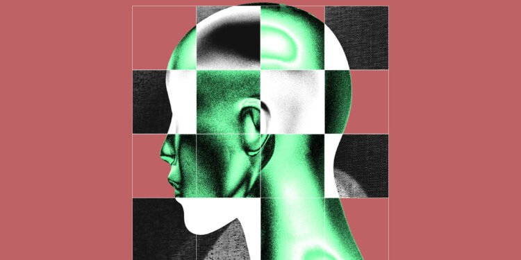Stylized illustration of a human head with a digital grid, representing AI deepfakes