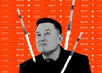 Illustration of Elon Musk with rockets launching against a background of financial data, representing SpaceX dominance of the launch market
