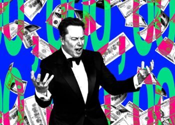 Illustration of Elon Musk with money falling around him