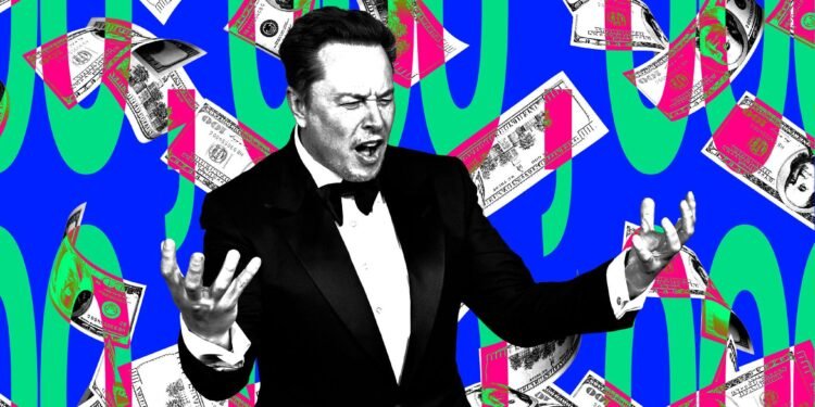 Illustration of Elon Musk with money falling around him