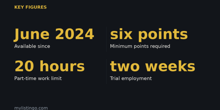 Available since: June 2024; Minimum points required: six points; Part-time work limit: 20 hours; Trial employment: two weeks